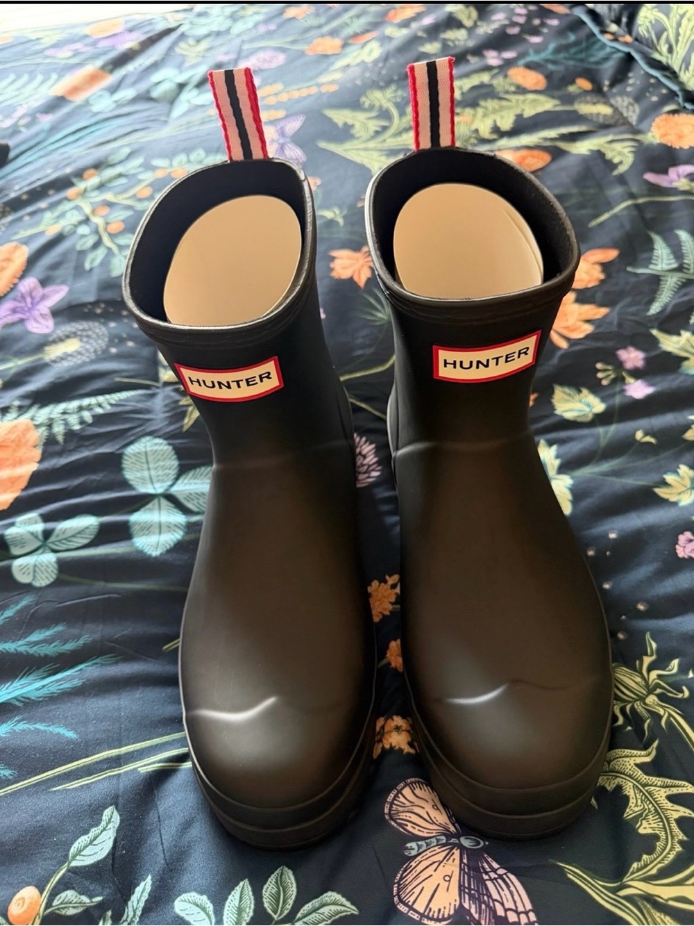 Hunter Black Short Rain Boots with Red-Trim Pull Tabs